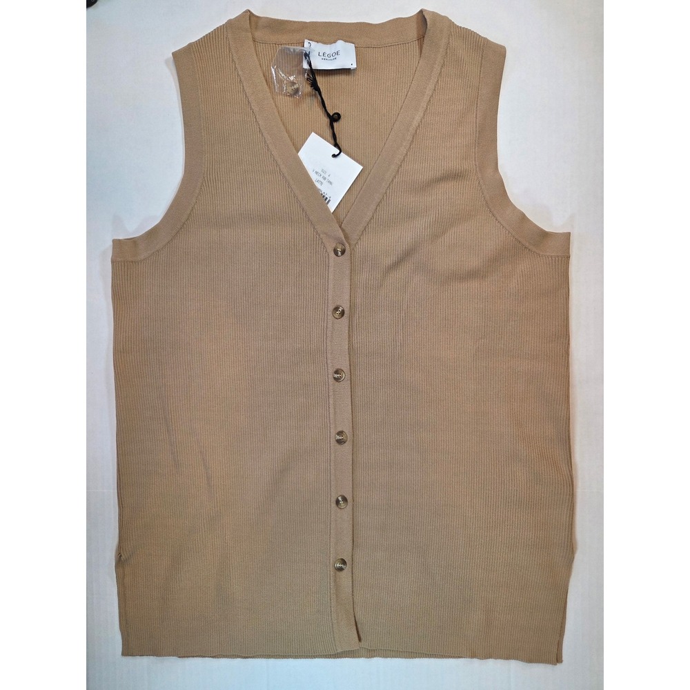LEGOE Heritage V Neck Rib Tank Women Latte NEW Button Front Ribbed Knit Top